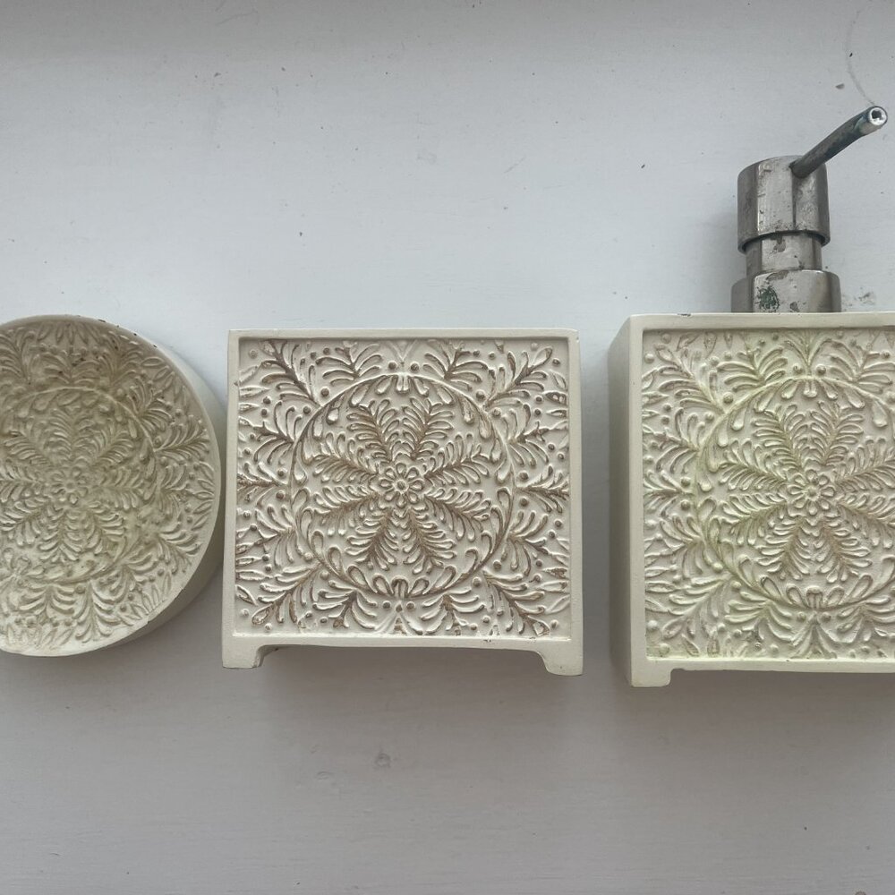White Floral Design Soap Pump & Toothbrush Holder